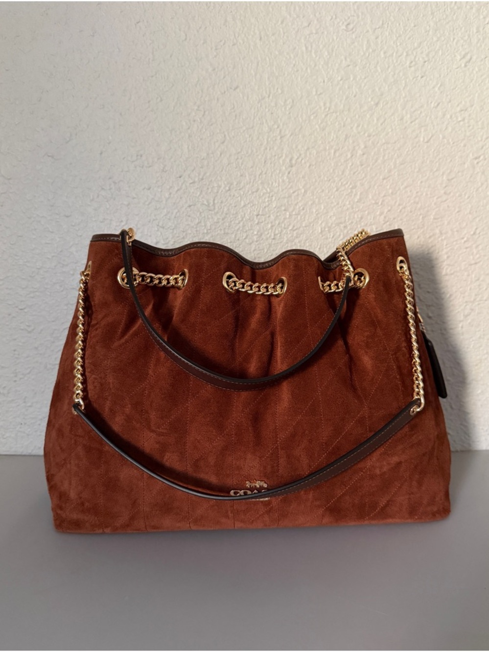 NWT Coach Evelyn Shoulder Bag With Quilting Suede with Gold Chain Trim - Picture 9 of 16